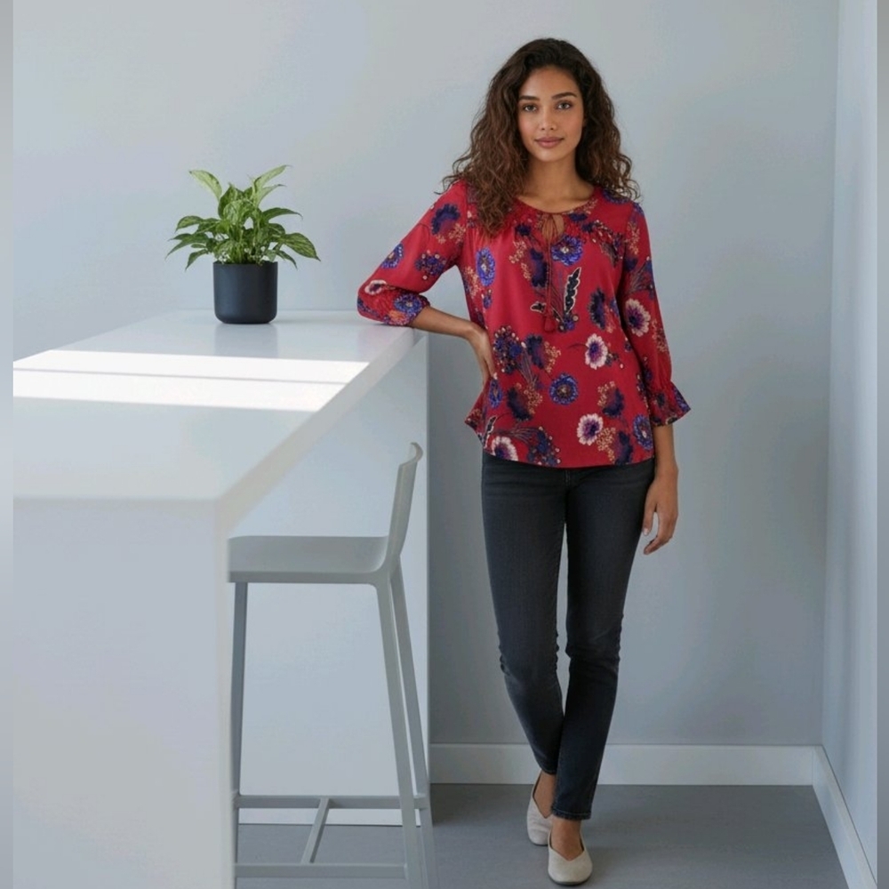 Zac & Rachel Womens L Red Floral Peasant Blouse Tie Neck Boho Flowy Tunic Top - Picture 12 of 13